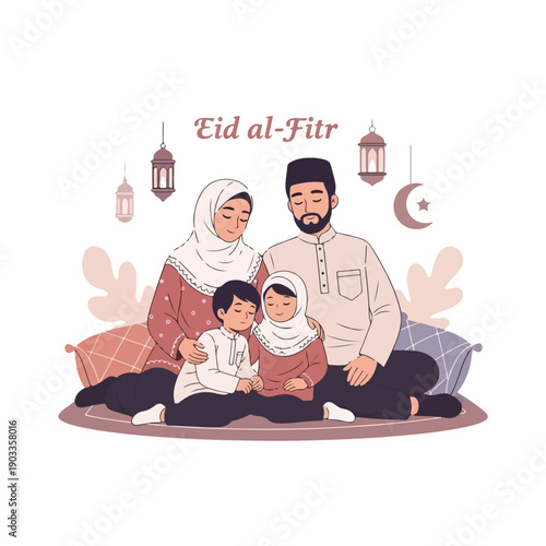 Joyful Muslim family celebrating a sacred religious holiday, reflecting peace and unity. Parents and children gather in traditional attire for festive observance