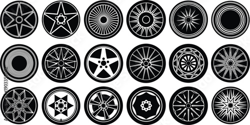 Automotive wheel rim silhouette collection featuring detailed alloy designs isolated on white background, mechanical vector set for car tuning and transport