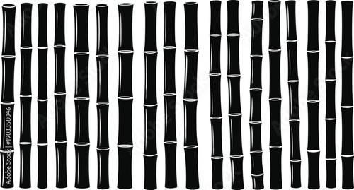 Black bamboo silhouette collection featuring natural tropical plant stems isolated on white background, botanical vector pattern for design and decoration use