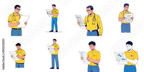 Male Doctor or Healthcare Worker in Yellow Shirt Analyzing Medical Records, Charts, and Patient Data Set.