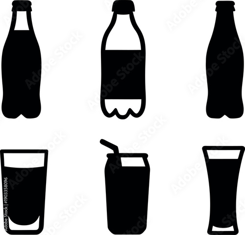 A comprehensive set of vector icons and black silhouette illustrations featuring wine bottles, champagne glasses, and cocktail beverages for restaurant bar labels and celebration design art