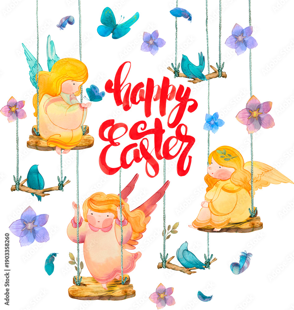 Fototapeta premium Watercolor children cherub angels on swings near Happy Easter text, spring flowers, butterflies, birds, hand-drawn on transparent background for greeting card.