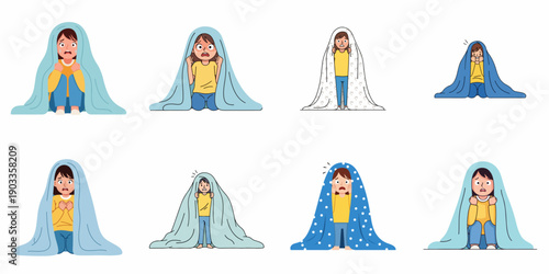 Set of vector illustrations depicting a scared and anxious girl hiding under a blanket, symbolizing fear, insecurity, and mental stress.