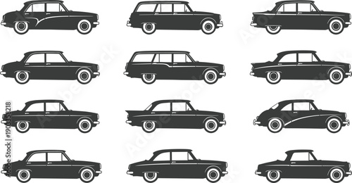 Classic vintage car silhouette collection featuring retro sedan vehicles isolated on white background, automotive vector set for transport and design