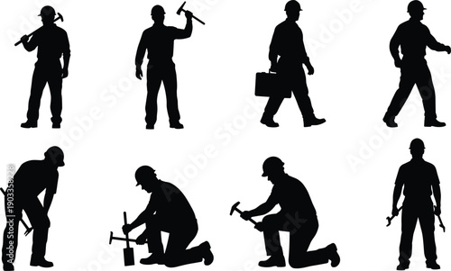 Construction worker silhouette collection featuring builders with tools in various poses isolated on white background, industrial labor vector set for design