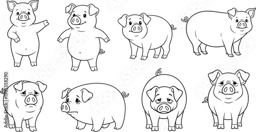 Cute pig cartoon illustration collection featuring farm animal characters in various poses isolated on white background, playful vector set for children design