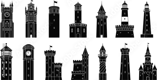 Historic tower silhouette collection featuring castles, lighthouses, and medieval architecture isolated on white background, detailed landmark vector set for design