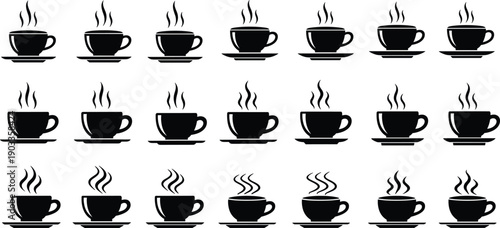 Hot coffee cup silhouette collection featuring steaming beverage icons isolated on white background, cafe drink vector set for menu design