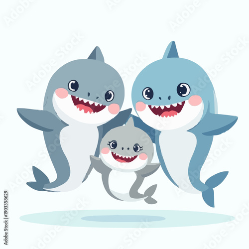 Family of cartoon sharks smiling and jumping in a playful manner  