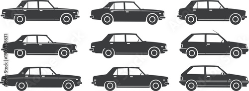 Vintage car silhouette collection featuring classic sedan vehicles in side view isolated on white background, retro transport vector set