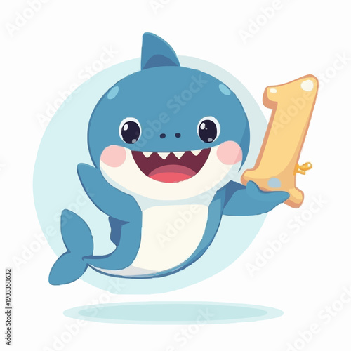 Cartoon shark holding number one and smiling joyfully in ocean background  