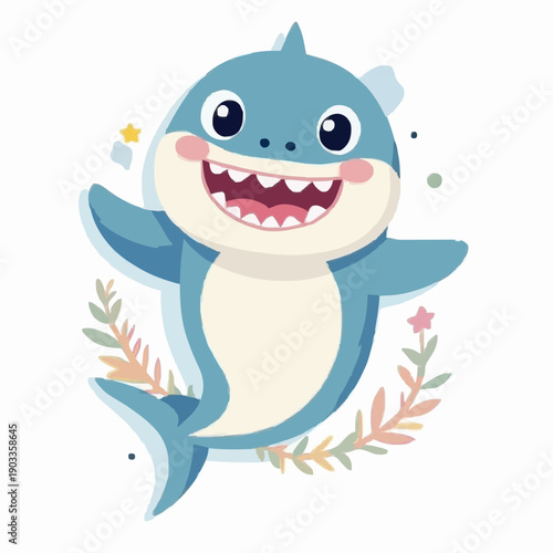 Cartoon shark character smiling with colorful elements and leaves  