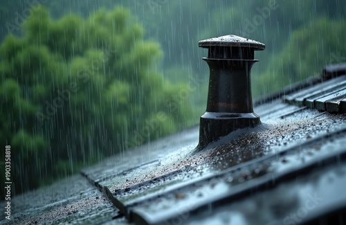 Heavy rain falls on a dark metal roof. Water streams down the shingles around a black chimney vent. Rich green trees blur in the background.
