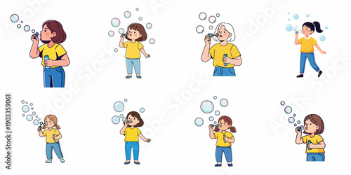Eight vector illustrations of happy girls and young women in various poses blowing colorful soap bubbles, symbolizing fun, childhood, and outdoor play on a white background.