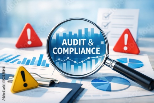 Magnifying Glass Highlights the Words 'audit & Compliance' Over Financial Documents and Warning Signs, Symbolizing Scrutiny and Precision
