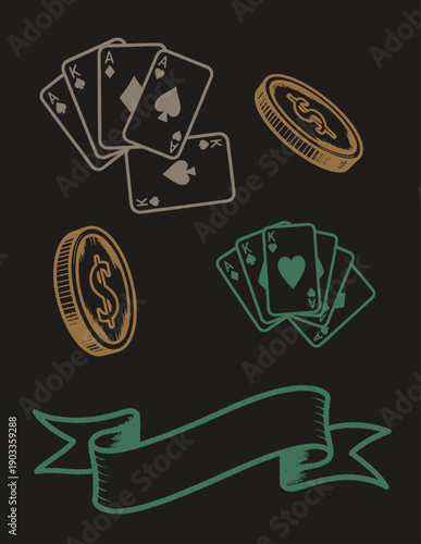 Distressed vector illustration of casino elements including playing cards, dollar coins, and a banner, in a grunge style