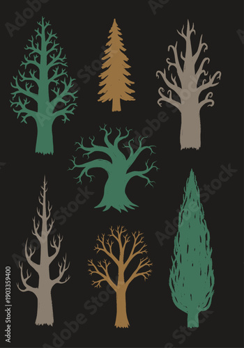 Stylized vector illustrations of various trees and conifers in a natural color palette, with a hand-drawn texture against a dark background, ideal for rustic nature designs
