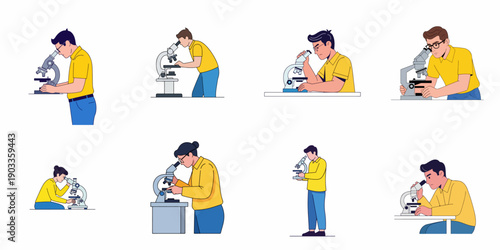 Diverse set of people, including scientists and students, working with microscopes for research, biology, and laboratory experiments.