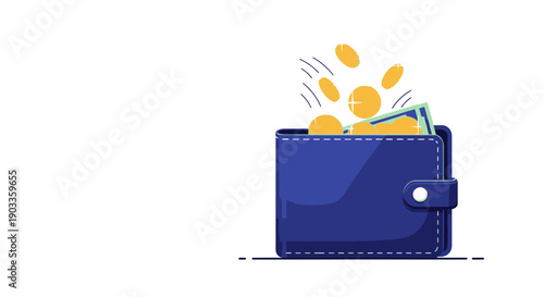blue wallet with money and coins