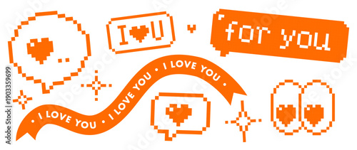 Orange red y2k pixel love cool sticker set. Hearts, eyes, speech bubble For You, ribbon with text I Love You. Retro game 8 bit pixel art icons for digital messages, Valentine designs, love stickers