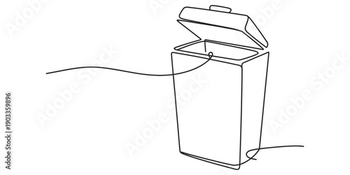 Continuous line drawing of a trash can with an open lid isolated on white background. Vector, illustration
