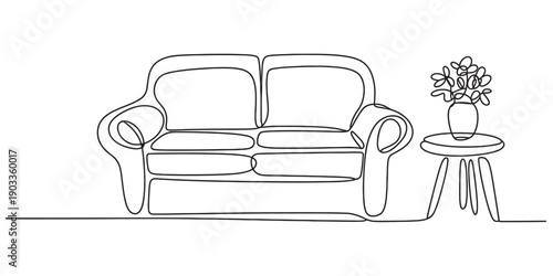 Continuous line drawing of a comfortable two-seater sofa next to a small side table with flowers. Vector, illustration