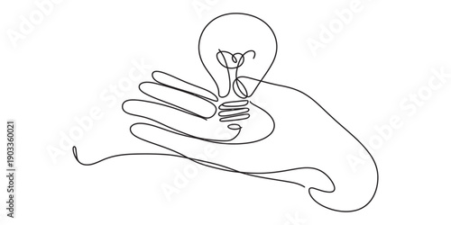 Continuous line drawing of a human hand holding a light bulb representing a creative idea Vector, illustration