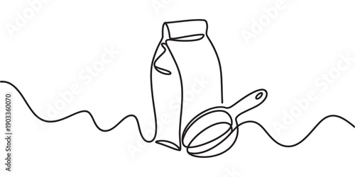 Minimalist continuous line drawing of a coffee bag and a measuring scoop on white background Vector, illustration