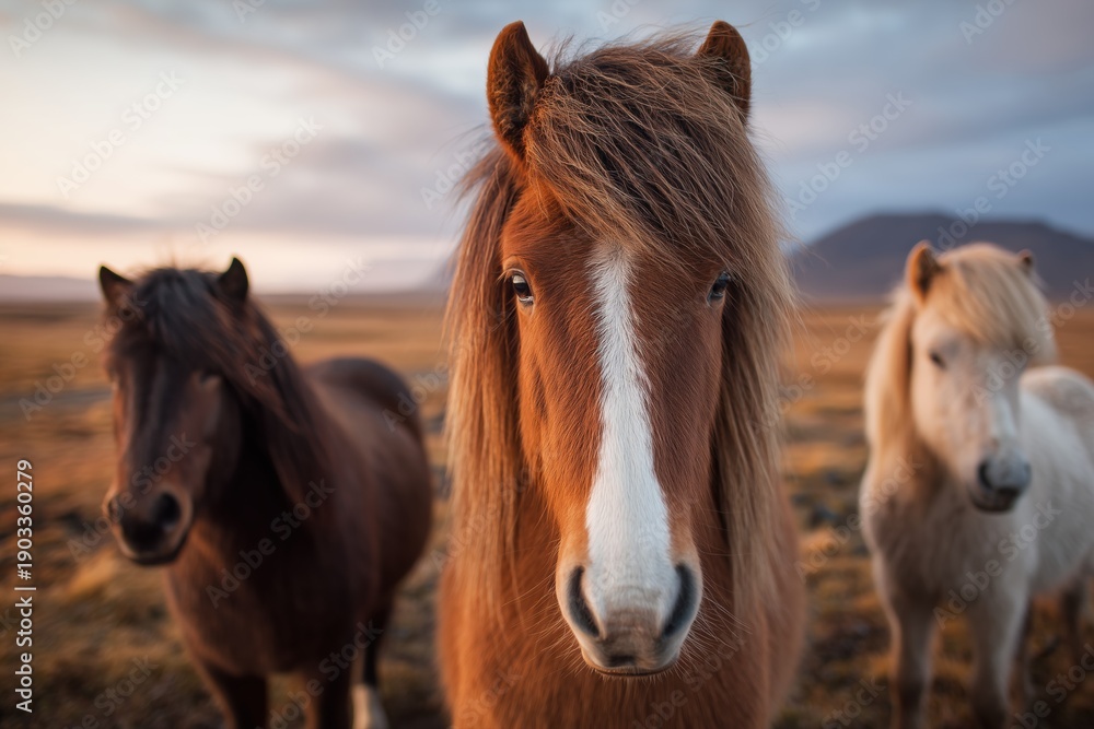 Obraz premium Close-up portrait of cute horses in the Icelandic countryside, with sunset lighting.