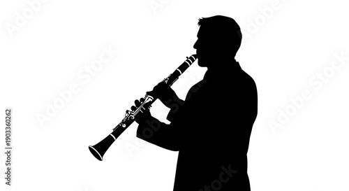 Silhouette of a man playing the oboe against a white background.