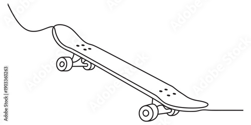 Continuous line drawing of a skateboard isolated on a white background for minimalist art. Vector, illustration
