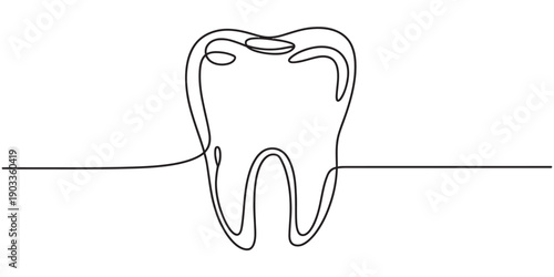 Continuous line drawing of a human molar tooth isolated on a white background for dental health. Vector, illustration