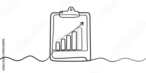 Continuous line drawing of a clipboard with a rising bar chart showing business growth and success. Vector, illustration