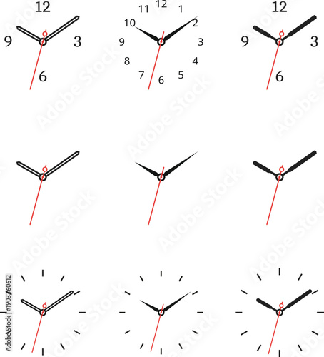 Set of round clock faces. Template for wall clock and wrist watch dials with arabic and roman numerals. Hour, minute and second hands outline vector illustration isolated on white background