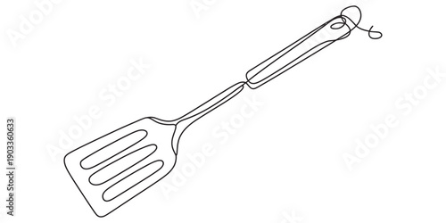 Minimalist continuous line drawing of a kitchen spatula or slotted turner used for cooking. Vector, illustration