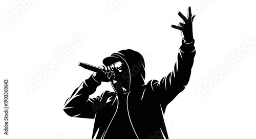 Silhouette of a rapper performing on stage with microphone.