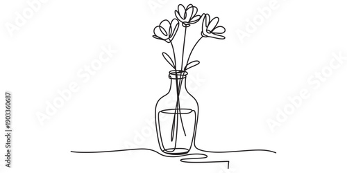 Continuous line drawing of three delicate flowers in a glass bottle vase on a white background Vector, illustration
