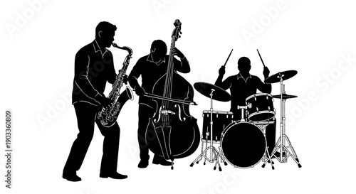 Silhouette of jazz musicians playing instruments together.