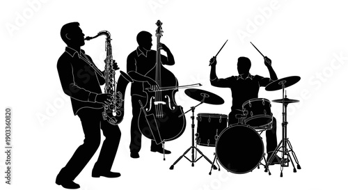 Silhouette of jazz musicians playing instruments together.
