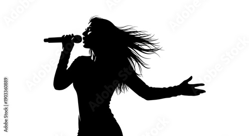 Silhouette of a woman singing into a microphone with flowing hair.