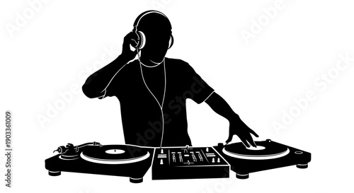DJ mixing music on turntables with headphones.