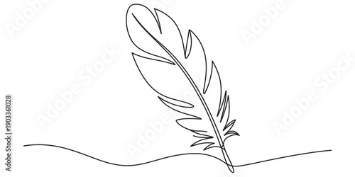 Continuous line drawing of a simple bird feather on a white background for minimalist design. Vector, illustration