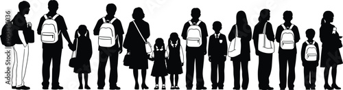 School Children Silhouette Collection, Diverse Students with Backpacks Standing Together, Education Concept Illustration Isolated on White Background