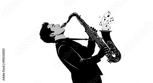 Man playing saxophone in black and white illustration.