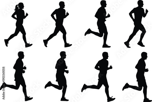 Running People Silhouette Collection, Male and Female Joggers Fitness Training Vector Illustration Isolated on White Background Design