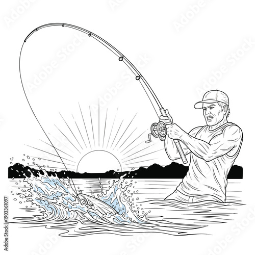 Man Fishing Hooked Fish Jumping from Water