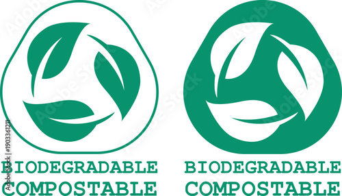 Eco label featuring biodegradable and compostable design with leaf icon in green styles