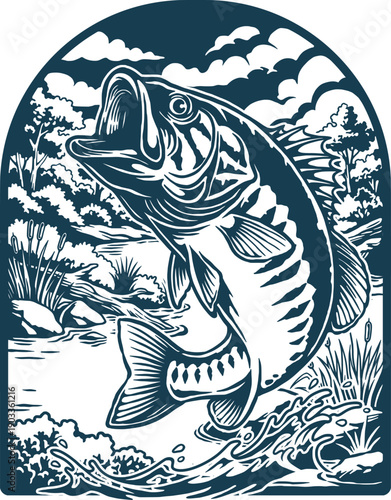 Art & IllustrationBass Fish Jumping Hand Drawn, Vintage Fishing Vector Illustration
