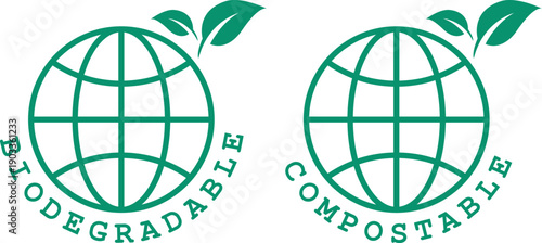 Globe icons with leaves show biodegradable and compostable designs