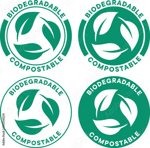 Eco labels with leaf symbols show their biodegradable and compostable qualities in green designs
